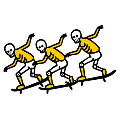 Fototapeta premium Vector art of three skeletons are skateboarding together isolated on white background