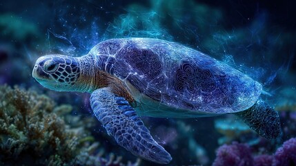 Obraz premium A close-up of a sea turtle swimming in clear waters surrounded by vibrant coral reefs and lush underwater vegetation