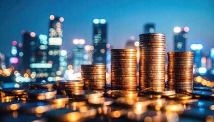 Stacks of golden coins in various heights with a blurred city skyline and colorful lights in the background, symbolizing financial growth and investment.