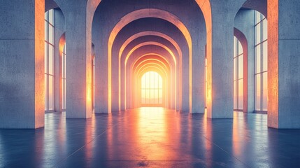 Fototapeta premium Modern Concrete Hall with Glowing Windows, Abstract Architectural Space