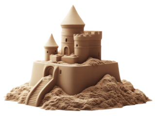 Realistic sandcastle standing on a pile of sand with transparent background