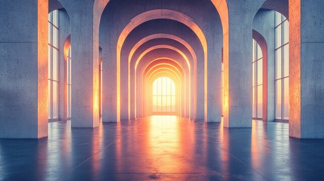 Modern Concrete Hall with Glowing Windows, Abstract Architectural Space
