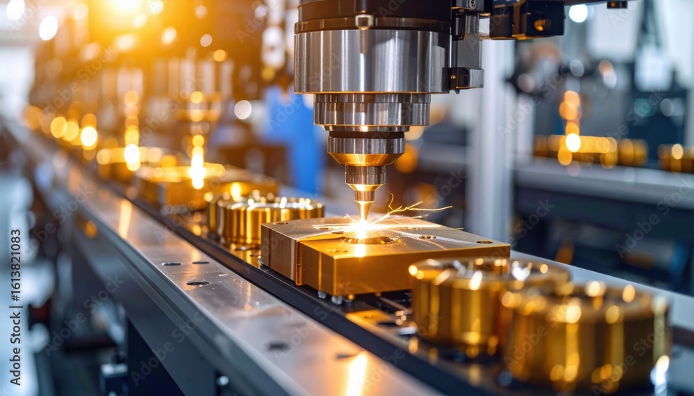 Poster a high-precision laser cutting machine operates in a modern factory, producing intricate metal compo
