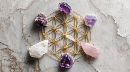 Crystal grid with amethyst and rose quartz on marble surface for meditation and balance,Psychic Day