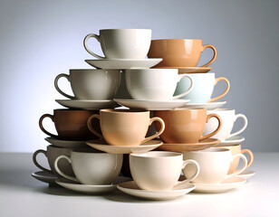 Fototapeta premium Stack of Pastel Colored Cups and Saucers on White Background