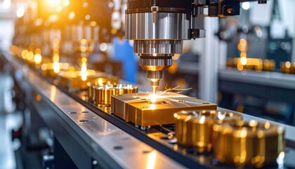 A high-precision laser cutting machine operates in a modern factory, producing intricate metal components with sparks flying in an automated manufacturing process.