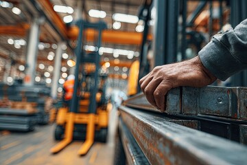 Industrial worker inspecting metal beams in a warehouse