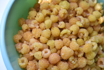 Yellow raspberries in a bowl. Juicy sweet yellow berries.