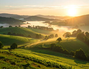 Obraz premium Sunrise Over Foggy Green Hills and Valley
