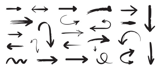 Collection of black hand drawn arrows and pointers on white background direction symbol