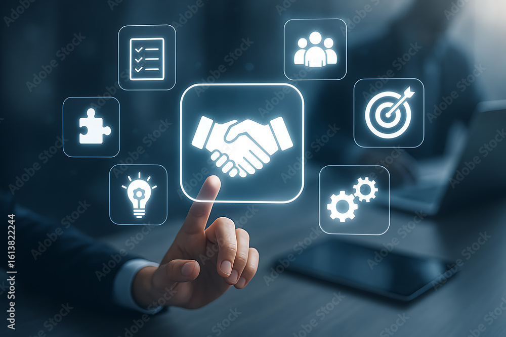 Poster digital interface showing corporate collaboration icons for teamwork project goals solution and prod