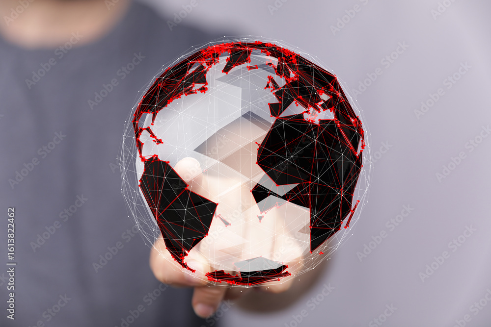 Poster hand interacting with a digital globe, representing global network and connection.