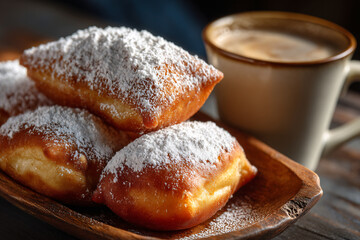 Delightful breakfast of powdered sugar-covered beignets with a side of coffee.