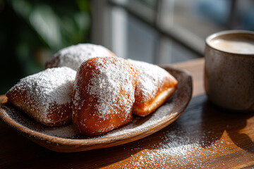 Plate of beignets dusted with powdered sugar.