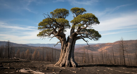 Naklejka premium Lone tree survivor standing in burned forest landscape after wildfire with charred stumps. Post-fire ecosystem recovery and forest regeneration. Environmental resilience study