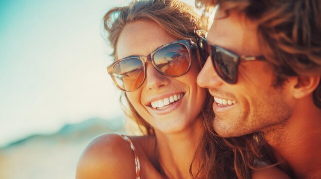 A couple is enjoying a bright, sunny day at the beach. They are wearing sunglasses and smiling at each other, radiating joy and connection against a picturesque ocean setting