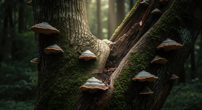 Bracket fungi growing on moss-covered tree trunk in forest environment. Decomposer organisms and woodland ecosystem function. Mycology research and forest biodiversity