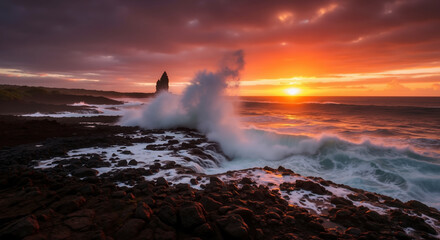 Ocean waves crashing against rocky coastline with dramatic sunset lighting. Marine erosion processes and coastal ecosystem dynamics. Seascape and natural force documentation