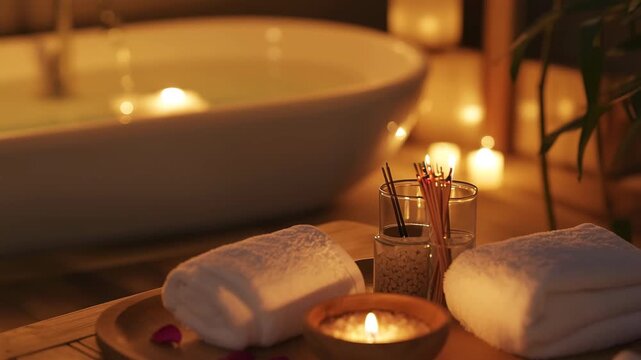 Cozy bathroom with white bathtub, soft towel, lit candle, warm ambient light, wooden floor, and spa wellness setting creating relaxing and peaceful atmosphere for ultimate relaxation and self care