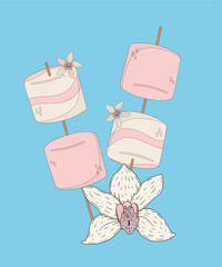 Flat Design Illustration with Two Marshmallows at Vanilla Taste 