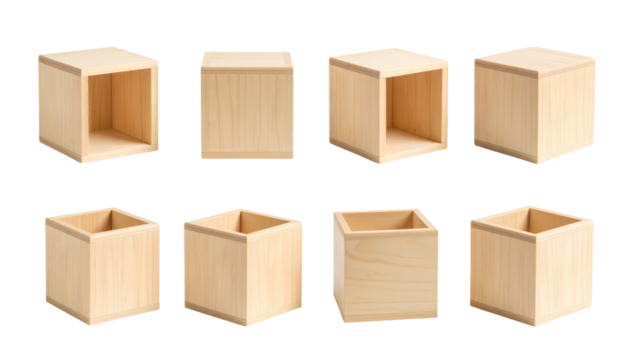 Geometric composition, six wooden cubes in varied angles exploring texture and form