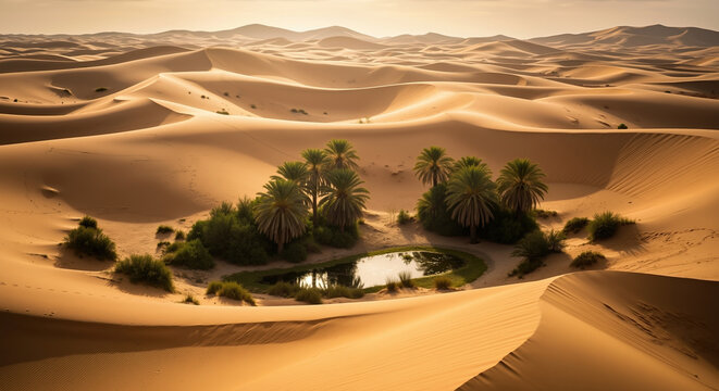Desert oasis with palm trees and blue water surrounded by golden sand dunes. Natural water source in arid landscape for environmental conservation and desert ecosystem campaigns - Powered by Adobe