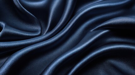 The dark blue silk fabric cascades gracefully with gentle waves, showcasing a rich texture and glossy finish that reflects light beautifully, creating a sense of luxury