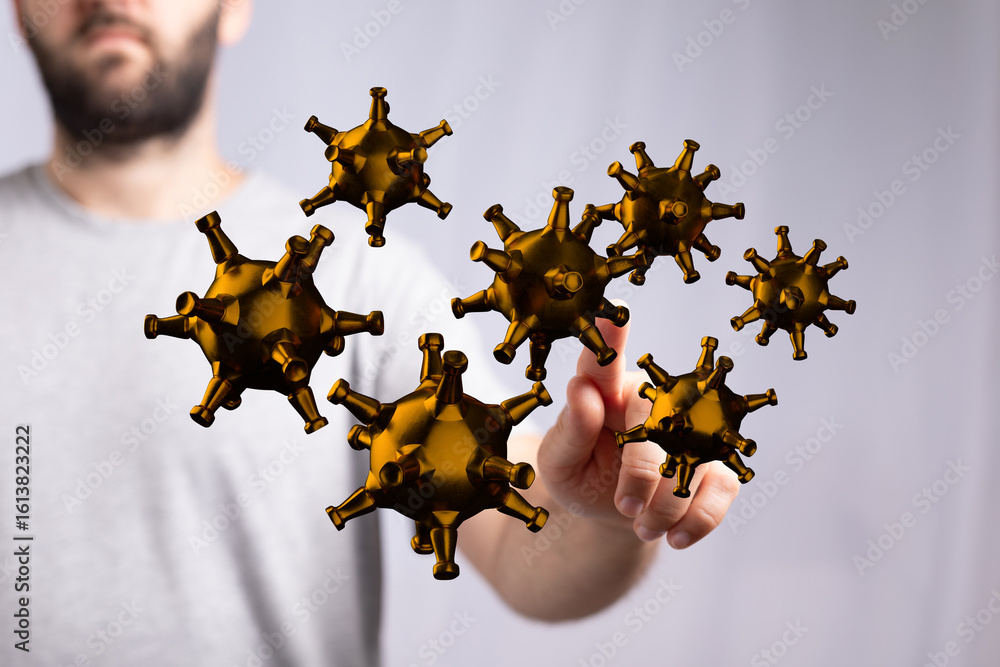 Poster abstract image of a person interacting with 3d models of viruses. perfect for health, science, and t