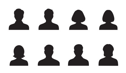 Eight black silhouette profile icons of men and women people male