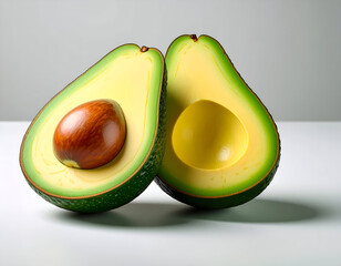 Two Halves of a Ripe Green Avocado on White Background