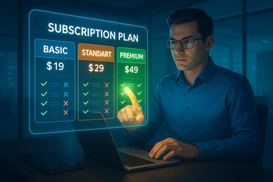Man selecting digital subscription plan on interactive pricing screen with premium standard and basic tier package options for SaaS product