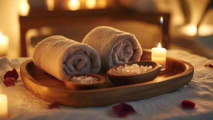 Rolled towel spa salt candle relaxation wellness calm atmosphere wooden tray soft light rose petal bath salt wooden tray with candlelight and rose petals create warm relaxing spa atmosphere - Powered by Adobe