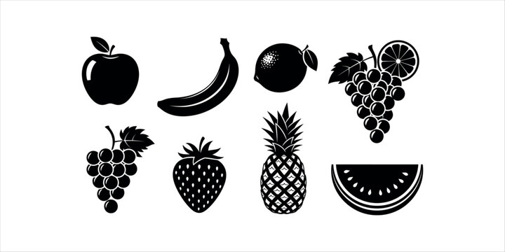 Black silhouette icons of apple banana lemon grapes strawberry pineapple watermelon slice vector