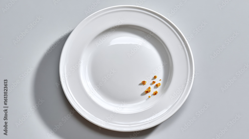 Poster clean background features single white plate with tiny remnants of food scattered its surface, evoki
