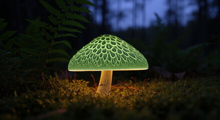 Glowing green mushroom with intricate cap pattern on forest floor in darkness. Bioluminescent fungi and woodland ecosystem function. Mycology research and forest biodiversity study