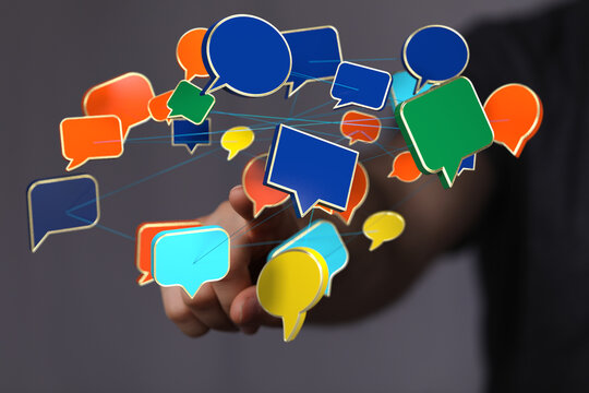 Abstract image of interconnected speech bubbles, representing global communication and networking.