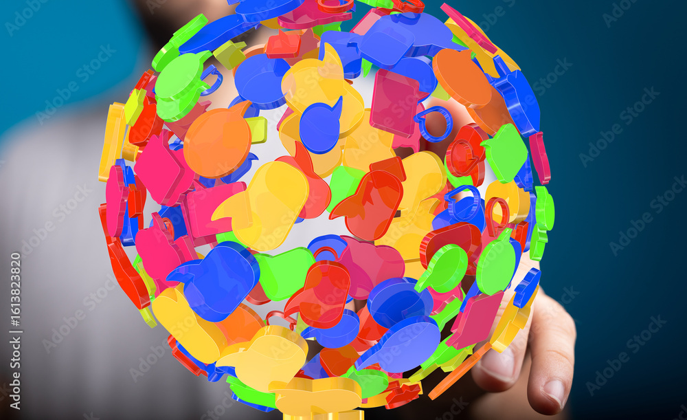 Poster abstract image of colorful speech bubbles forming a sphere, symbolizing global communication and div
