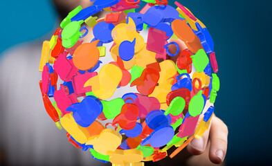 Abstract image of colorful speech bubbles forming a sphere, symbolizing global communication and...