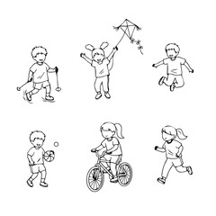 Whimsical hand drawn sketch of children enjoying various outdoor activities on a sunny day