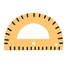 Yellow half-circle protractor for measuring angles, useful in school and engineering themes.