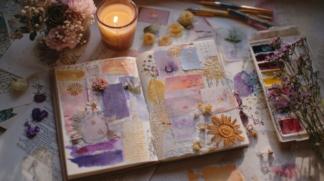 Creative journal with mixed media art and candle for inspiring scrapbooking ideas,Psychic Day