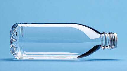 Clear PET bottle with cap off, showcasing sleek design and smooth surface against blue background. bottle transparency highlights its shape and structure, evoking sense of freshness and purity