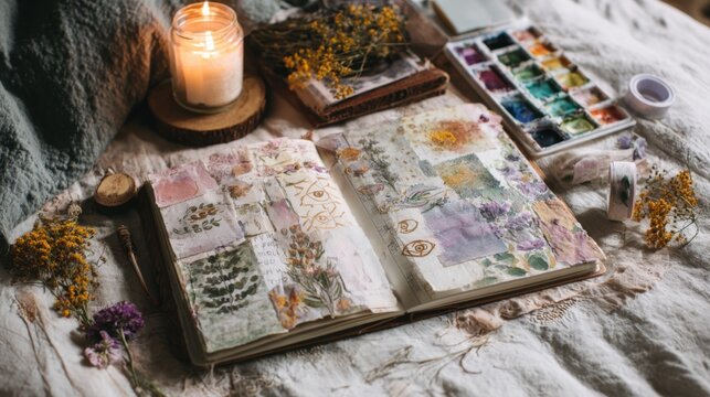 Cozy journaling scene with candles and watercolor supplies for creative inspiration