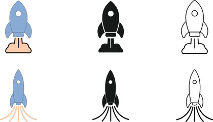Rocket Icon Set –  Minimalist Launch Symbols in Dual Style Rows with Propulsion Effects for Innovation, Startup, and Space Themes