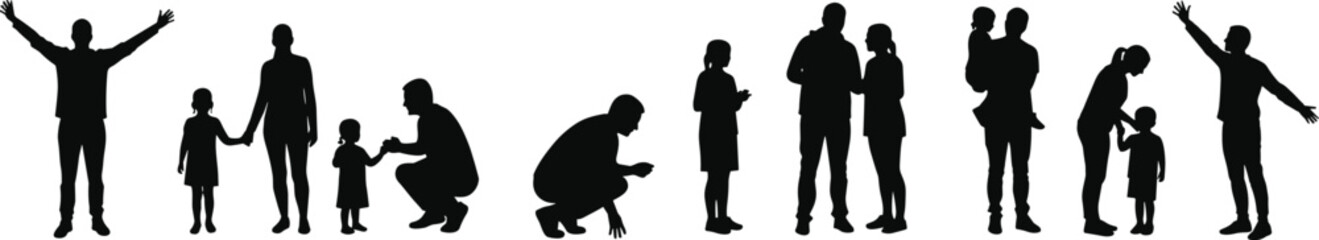 Diverse family silhouettes showing love, care, bonding, parenting, support, unity, childhood moments, emotional connection, happiness, togetherness, relationships, lifestyle illustration