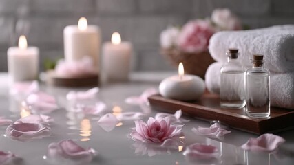 Pink flower petal candle towel spa relaxation wellness aromatherapy bath water soft light floating on water with lit candles creating calming and relaxing atmosphere for self care and beauty care - Powered by Adobe