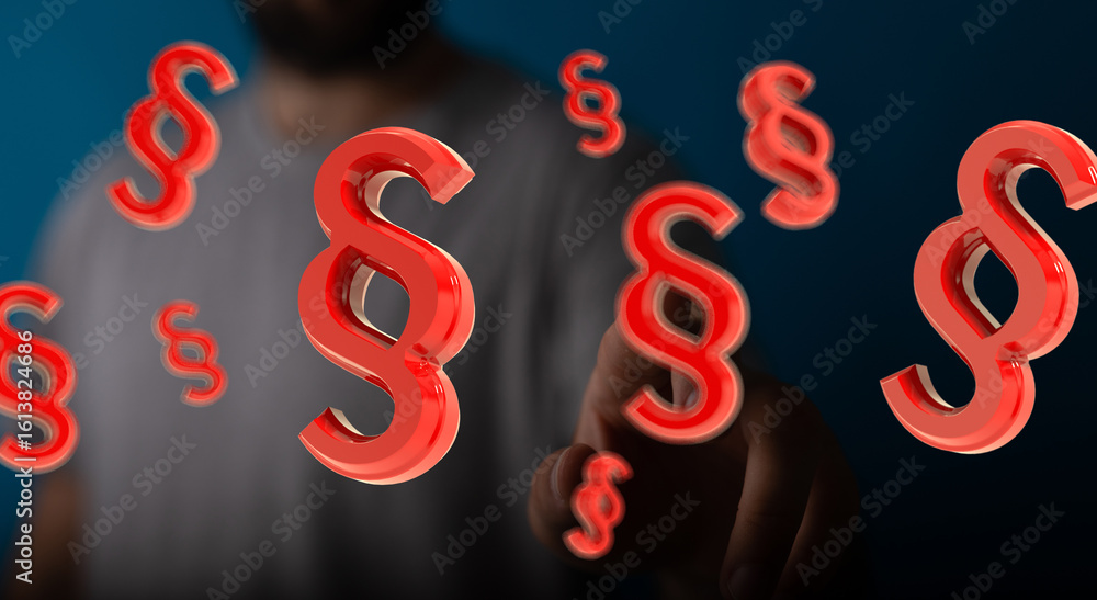 Poster abstract image of red paragraph symbols floating near a hand, representing legal concepts and digita