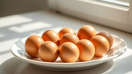 Fresh brown eggs arranged neatly on a white ceramic plate, bathed in natural light.