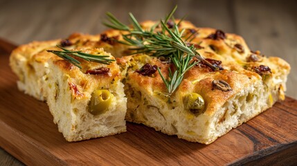 Golden focaccia bread sits on a wooden cutting board, topped with green olives and fresh rosemary, showcasing its inviting texture and savory toppings in a cozy kitchen