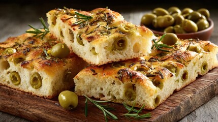 Freshly baked focaccia bread garnished with green olives and rosemary, resting on a wooden board beside a bowl of olives, inviting and aromatic